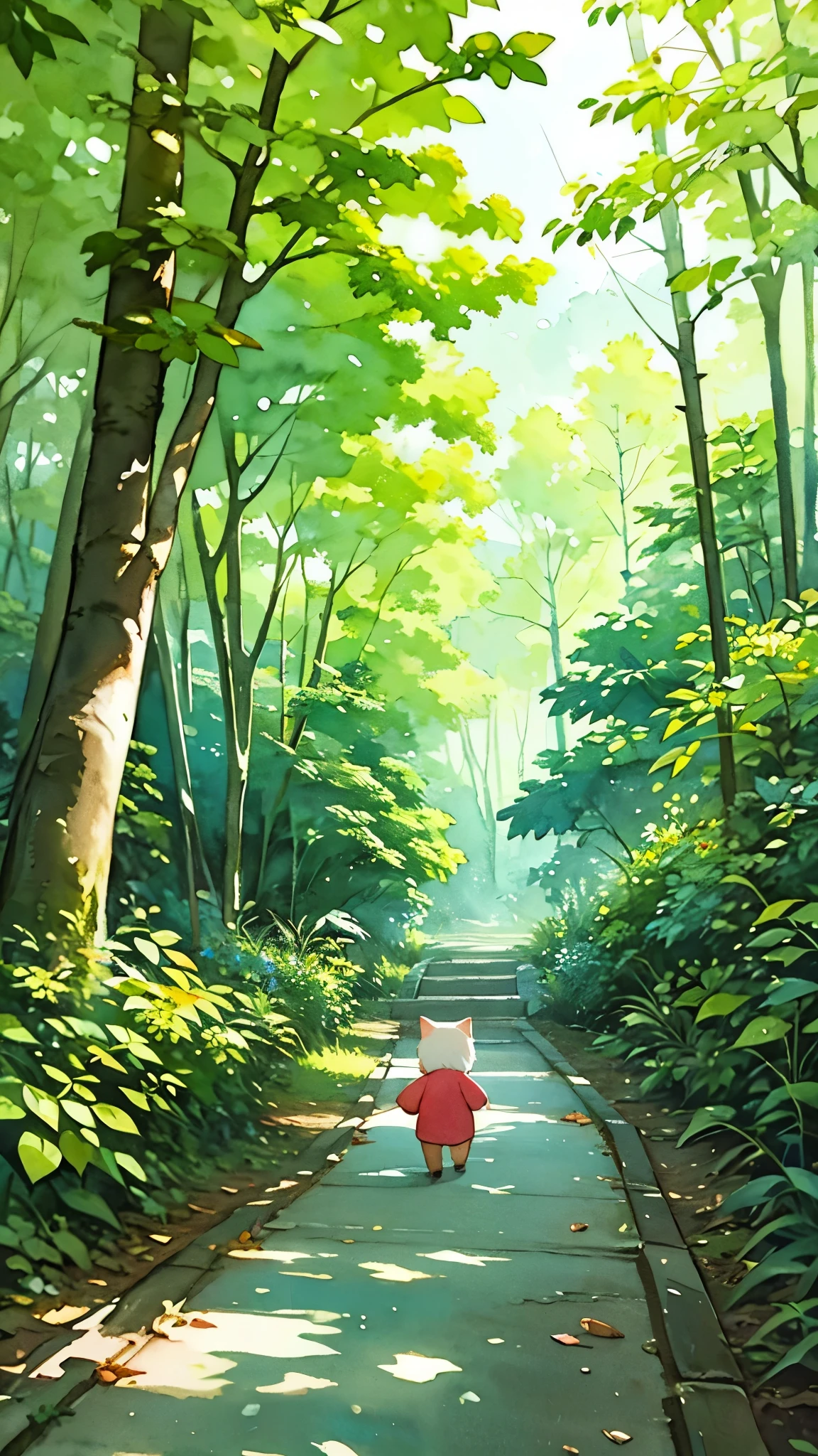 cute cat、adventure in the forest、watercolor painting、For children、walking