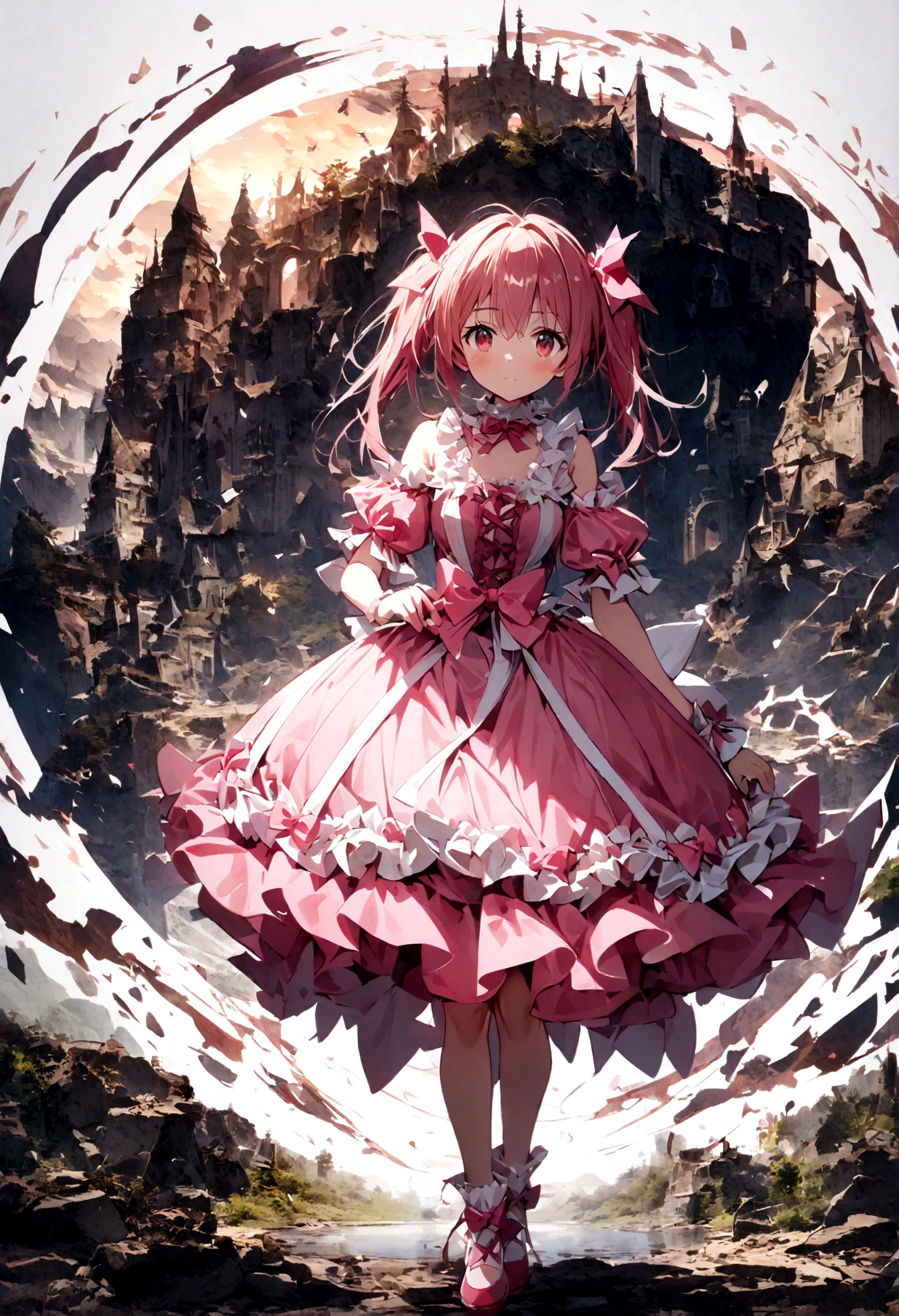 kaname_madoka\(Puella Magi Madoka Magica,magical girl style,pink twin tails hair,pink bows,open shoulder dress with frill,backward ribbon at neck,white grove,red juwel at middle of clavicle\) is standing with confused face in the center lost her way, showing full body to viewer, BREAK ,geometric and chaotic background with messy chaotic gothic shadow puppet castles,(in a very psychedelic nightmare), BREAK ,quality\(8k,wallpaper of extremely detailed CG unit, ​masterpiece,hight resolution,top-quality,top-quality real texture skin,hyper realisitic,increase the resolution,RAW photos,best qualtiy,highly detailed,the wallpaper,cinematic lighting,ray trace,golden ratio\),(long shot),wide shot,landscape,blured background,(art by Maurits Escher:1.3)