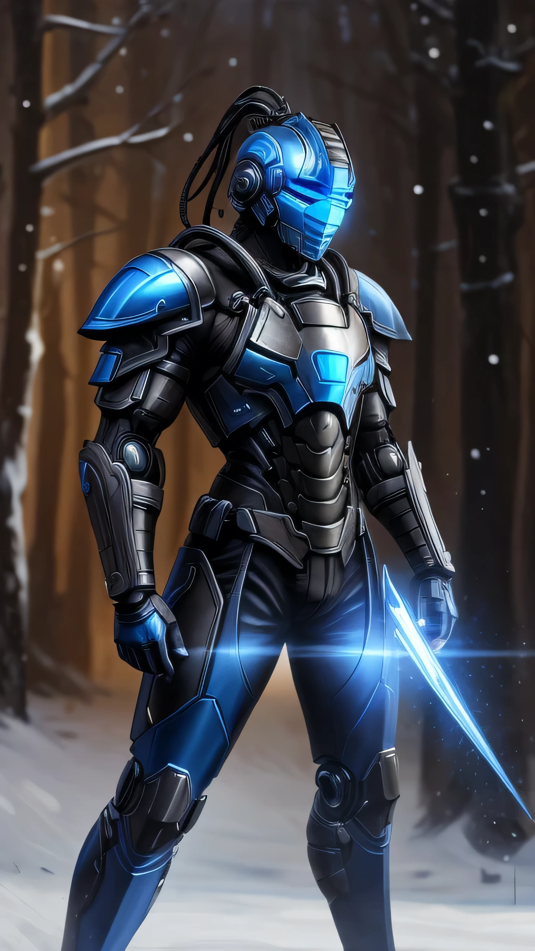 Sub-Zero from Mortal Kombat, zxcrx, cyborg ninja, sleek (blue and black armor:1.5), various robotic components, his face is covered by a helmet with a glowing ligh blue visor, ice blades, cold, 1man, solo, full body view, front view, looking at viewer, intricate, high detail, sharp focus, dramatic, photorealistic painting art by greg rutkowski