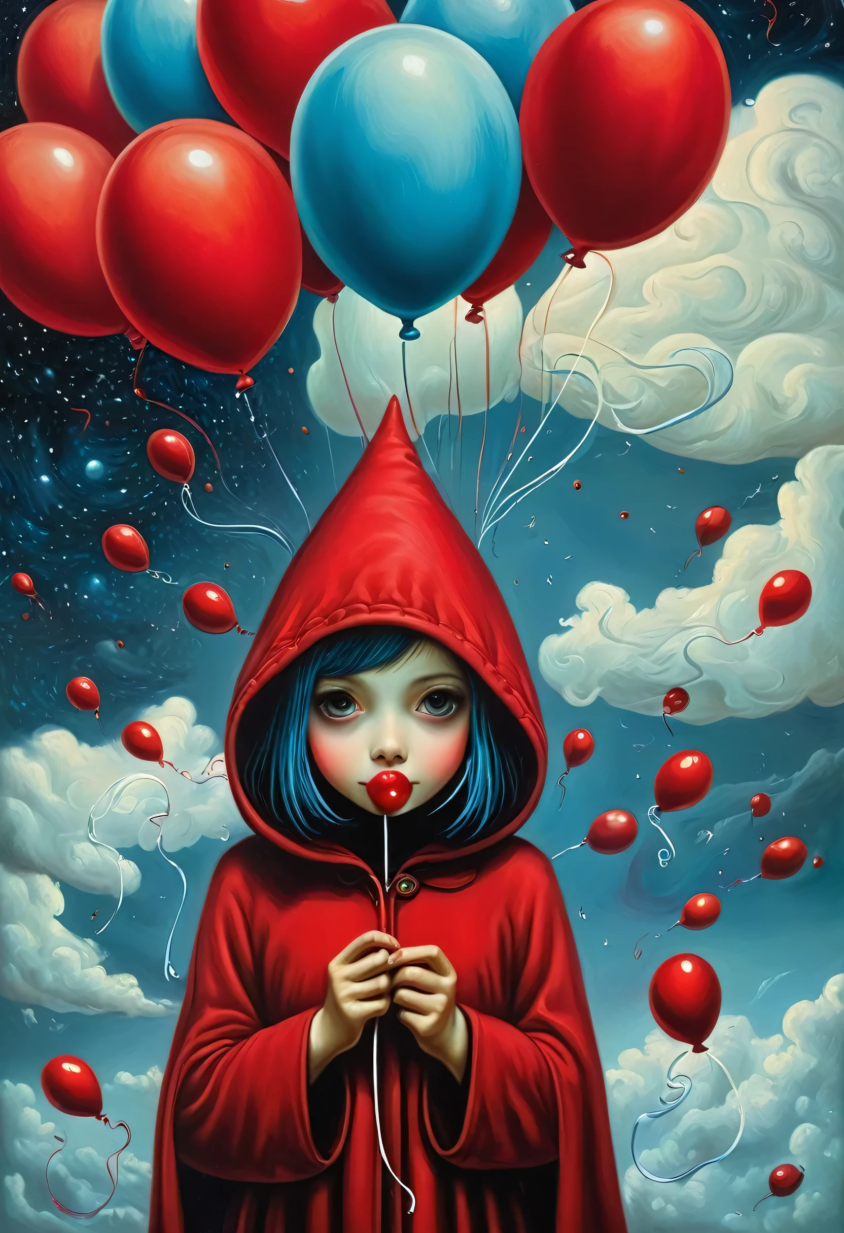 Girl making balloons with gum、wearing red hood、, benjamin lacombe, magical surrealism, Unrealistic picture, Whimsical Surrealism, Jacek Jelka、Vladimir Kush, Surreal oil painting, Surrealist artwork, Surreal Art, magical realism、Strange art, Surreal oil painting,  Brian DeSpain, Surrealist illustration, (surrealism dark art:1.2), surrealismo pop lowbrow art style, Arte Lowbrow, Masterpiece、Starry Night、