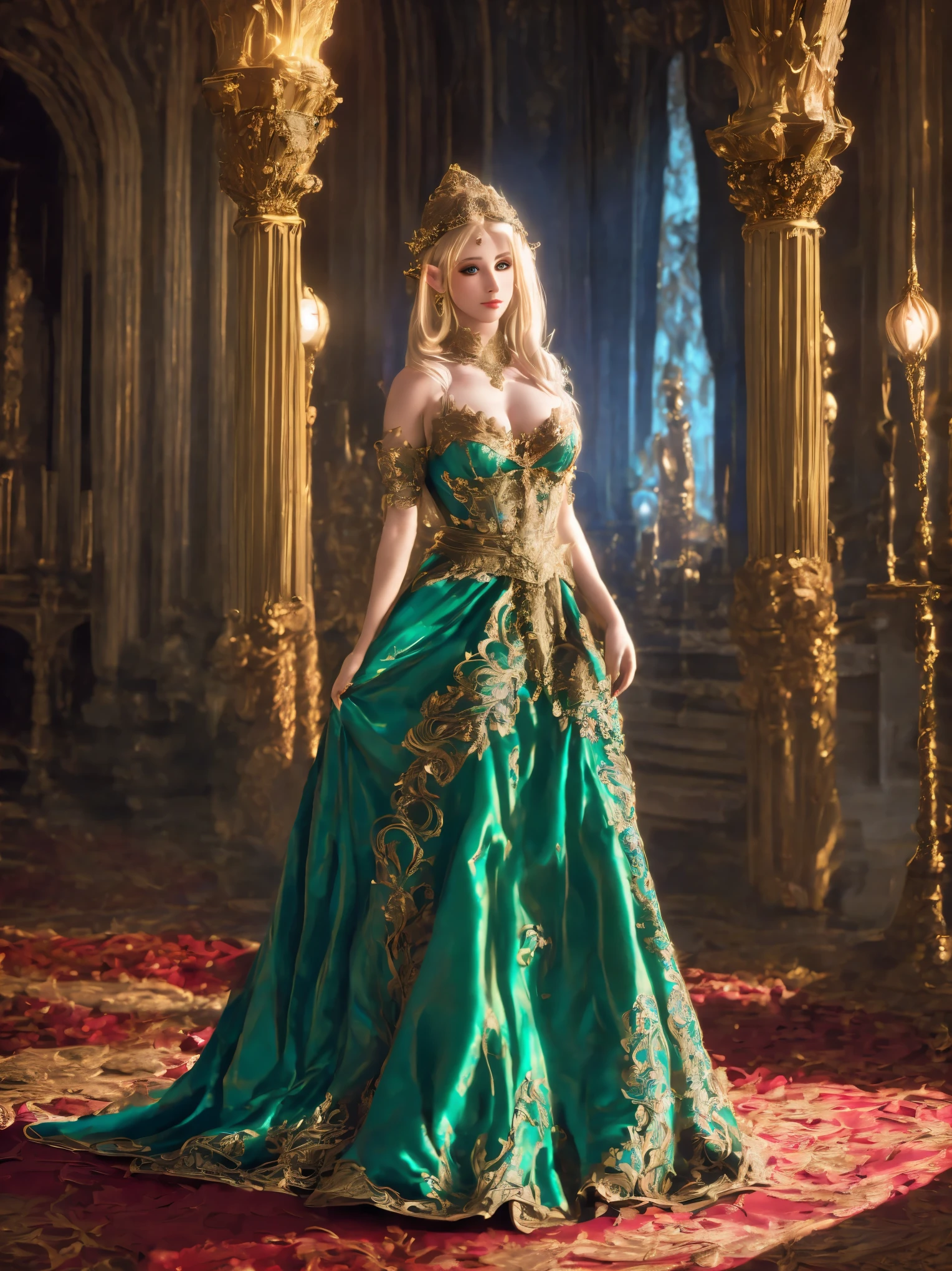 a beautiful elf princess, palace, attendants, princess gown, intricate details, ornate architecture, warm lighting, fantasy, digital art, cinematic, highly detailed, 8k, photorealistic