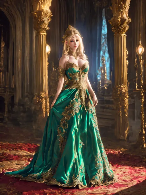 a beautiful elf princess, palace, attendants, princess gown, intricate details, ornate architecture, warm lighting, fantasy, dig...