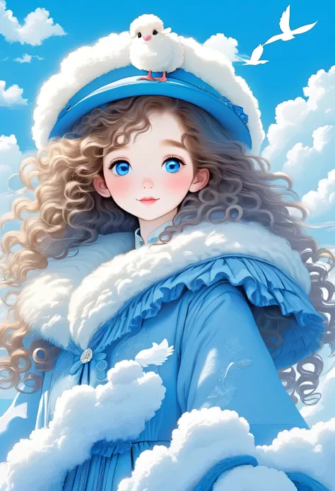 1girl,bird,blue eyes,cloud,curly hair,dove,fur trim,pom pom \(clothes\),sheep,sky,solo,upper body,wavy hair