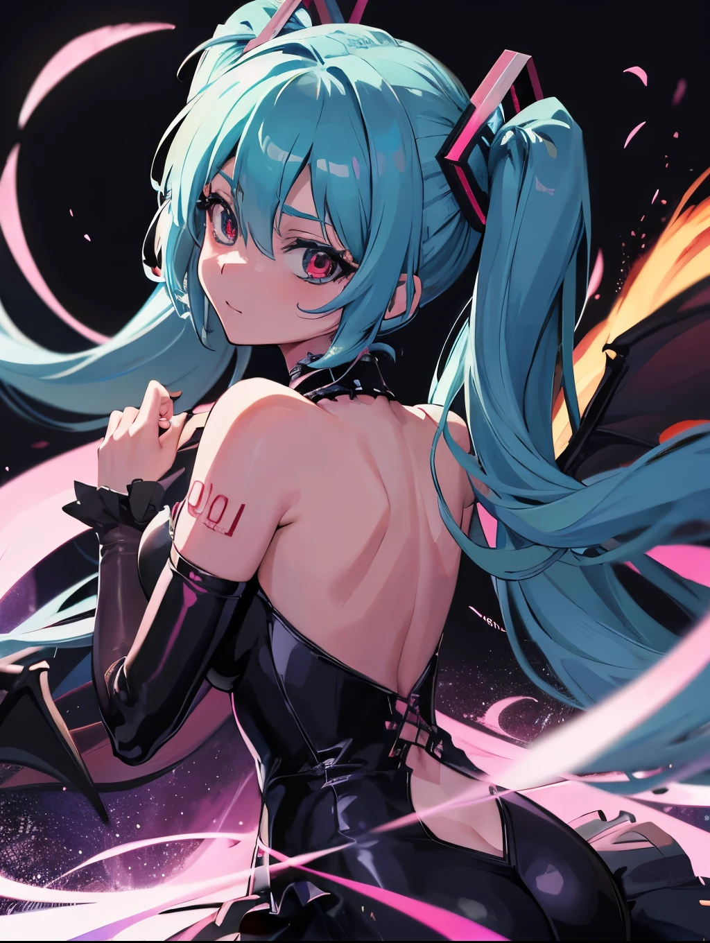 Miku Hatsune, alta definicion,, alta definicion,alta definicion, ojos llameantes, ojos malvados, chica diablo, risa demoniaca, ojos de maldad, alas de dragón, sucubo, ella está atacando a la cámara, pose sensual de espaldas, 