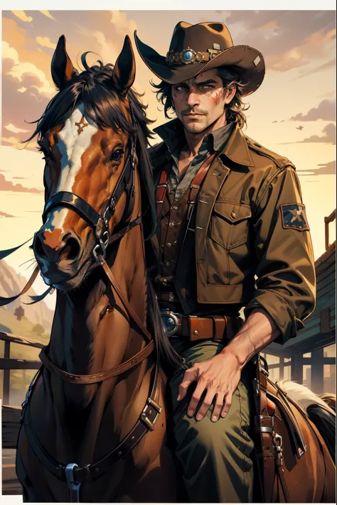 (masterpiece, best quality:1.2, Detailed Face), solo, 1girl, Texas man, Texas, Wild west, Cowboy, Middle aged, Riding a horse, H...