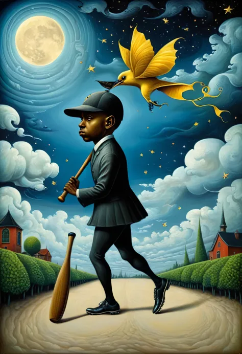 barry bonds、best baseball player、carrying a bat、、benjamin lacombe, magical surrealism, unrealistic picture, whimsical surrealism...