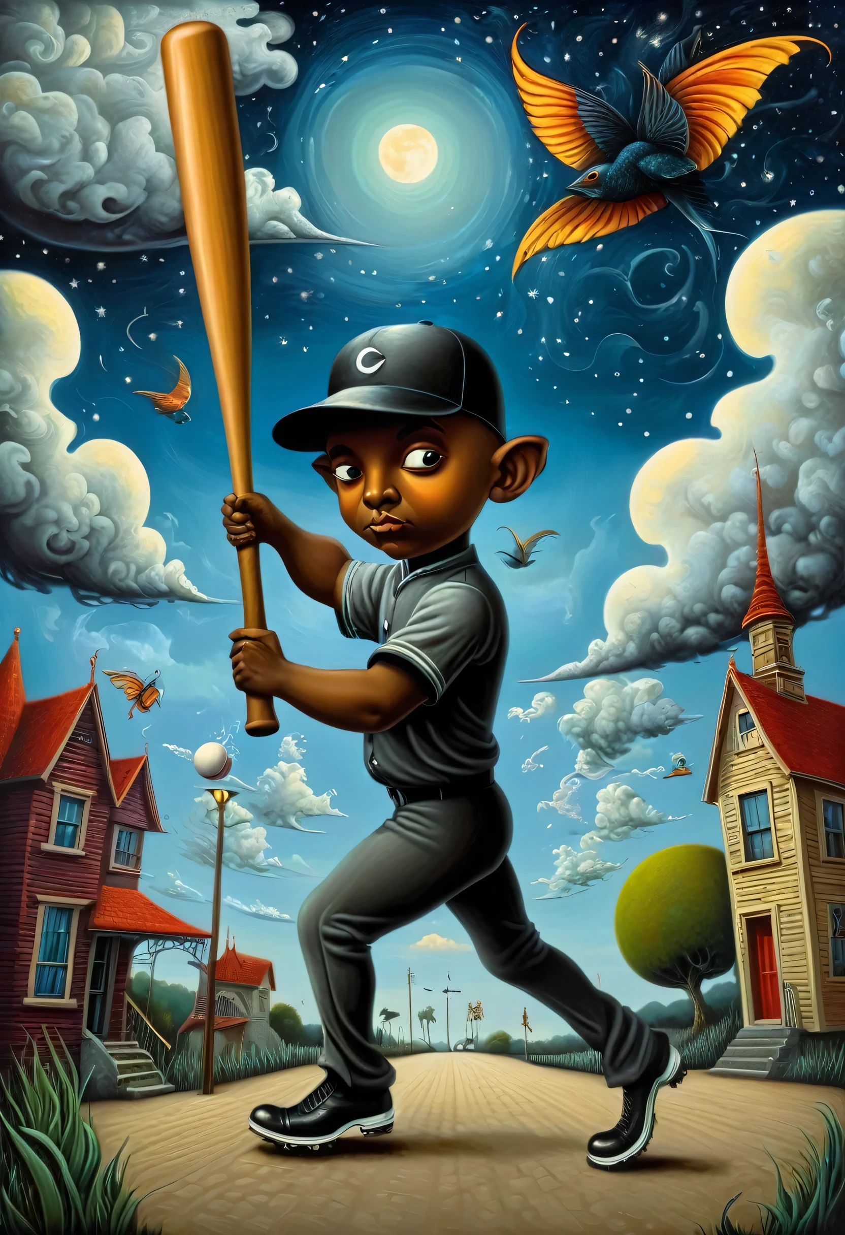 Barry Bonds、Best Baseball Player、Carrying a baseball bat、、benjamin lacombe, magical surrealism, Unrealistic picture, Whimsical Surrealism, Jacek Jelka、Vladimir Kush, Surreal oil painting, Surrealist artwork, Surreal Art, magical realism、Strange art, Surreal oil painting,  Brian DeSpain, Surrealist illustration, (surrealism dark art:1.2), surrealismo pop lowbrow art style, Arte Lowbrow, Masterpiece、Starry Night、