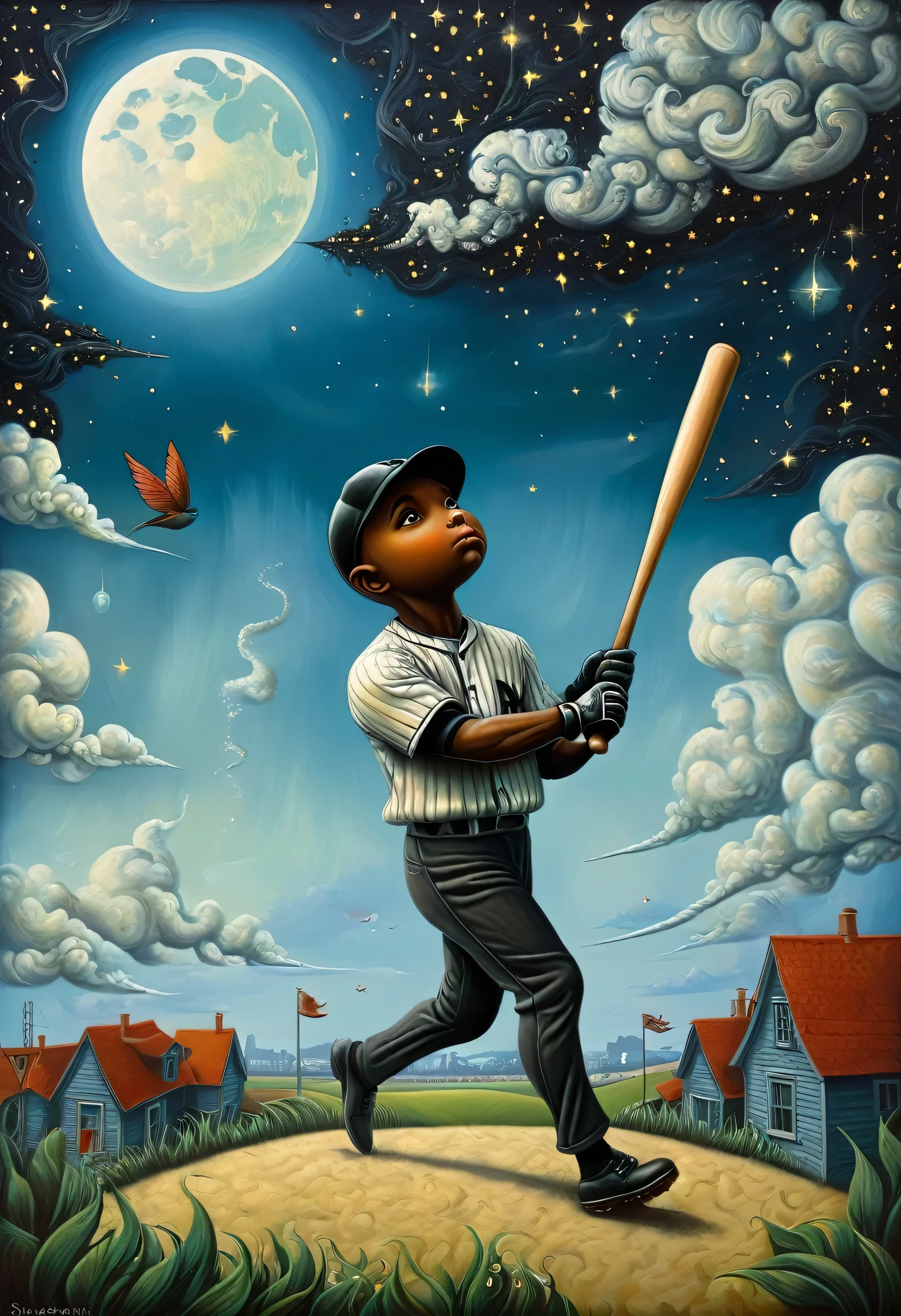 Barry Bonds、Best Baseball Player、Carrying a baseball bat、、benjamin lacombe, magical surrealism, Unrealistic picture, Whimsical Surrealism, Jacek Jelka、Vladimir Kush, Surreal oil painting, Surrealist artwork, Surreal Art, magical realism、Strange art, Surreal oil painting,  Brian DeSpain, Surrealist illustration, (surrealism dark art:1.2), surrealismo pop lowbrow art style, Arte Lowbrow, Masterpiece、Starry Night、