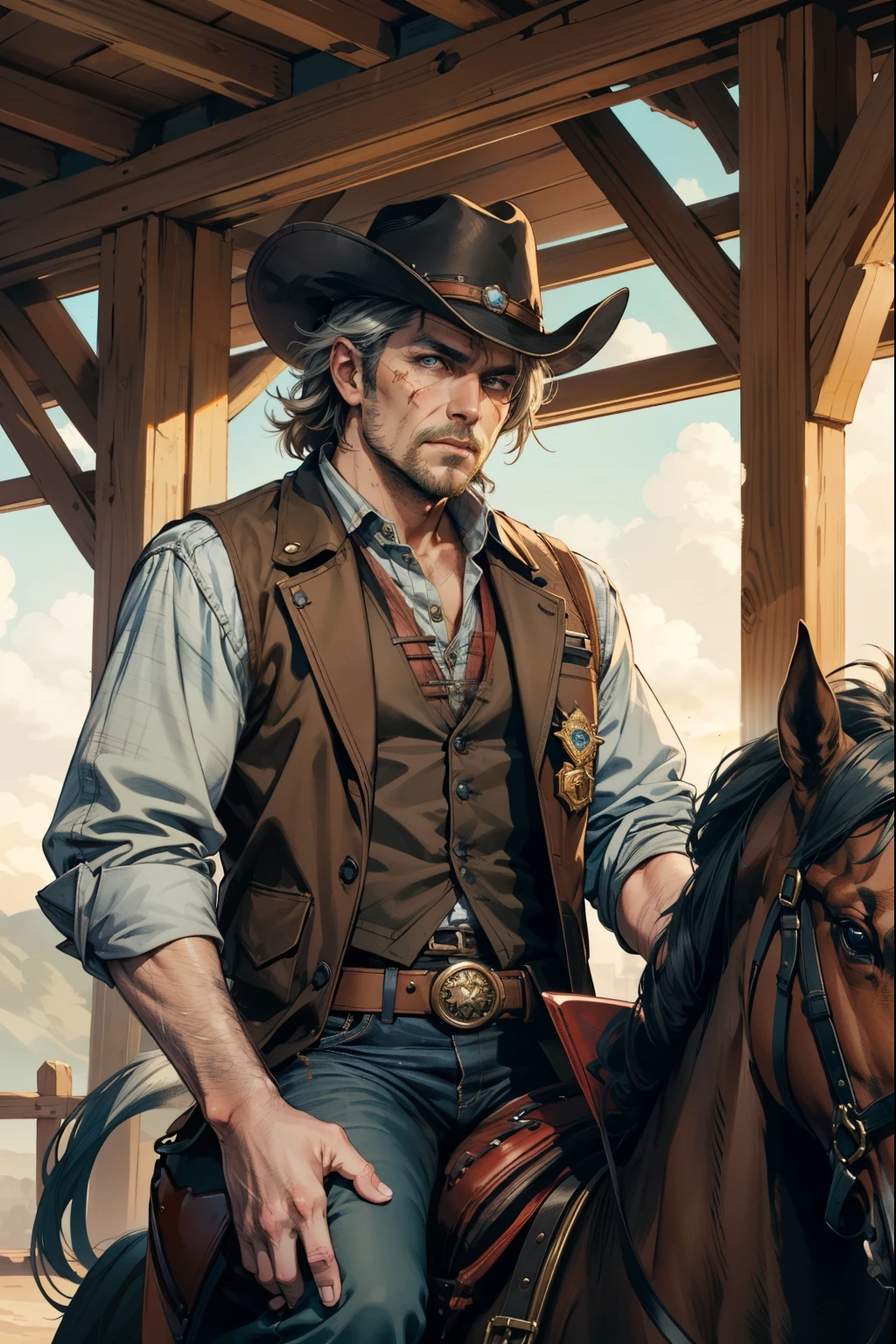 (masterpiece, best quality:1.2, Detailed Face), solo, 1girl, Texas man, Texas, Wild west, Cowboy, old aged, Riding a horse, Horse, neutral expression, Scar on face, Rugged, Greying hair,