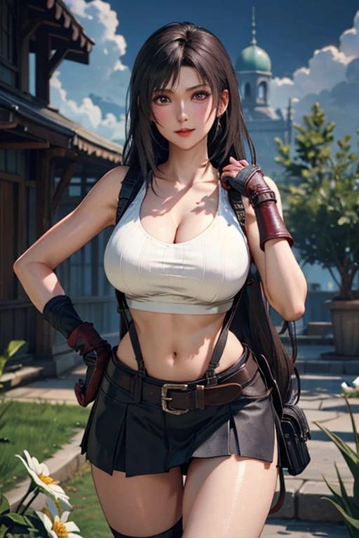 (Practical: 1.4), 最high quality, Very delicate and beautiful, high resolution,masterpiece, 最high quality, 超high resolution, (Practical:1.4), Detailed beautiful face, , A girl, Tifa_Lockhart, Final Fantasy VII Remake, stunning european women,Cowboy shooting, Suspenders, Low level, Black mini skirt, White vest with black border, nervous shirt, Black Hair, long hair, Sexy body,Beautiful breasts, very beautiful shining eyes,Beautiful Feet, so cute, close upポトレイト, A lovely girl with a perfect face and soft skin., Perfect face, (((Huge breasts))),Tight waist,Chain、thigh、In the dungeon,complete picture, Shapely hips, 8k resolution,Surrealism,Extremely detailed,high quality, (Huge teardrop chest, huge breasts cleavage:1.2)， Giant ， close up,sparse field
