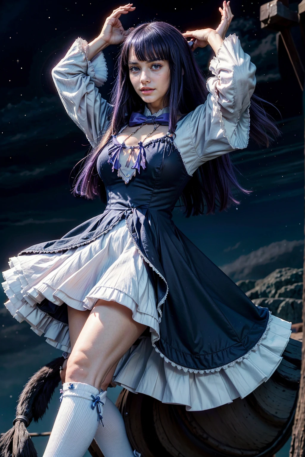 masterpiece,best quality,1girl,frederica bernkastel,purple hair,cat tail,tail bow,purple eyes,tail ornament,dress,bowtie,socks,expressionless,outstretched arms,outer space,surrounded by  floating crystal,cowboy shot, necklace with cross