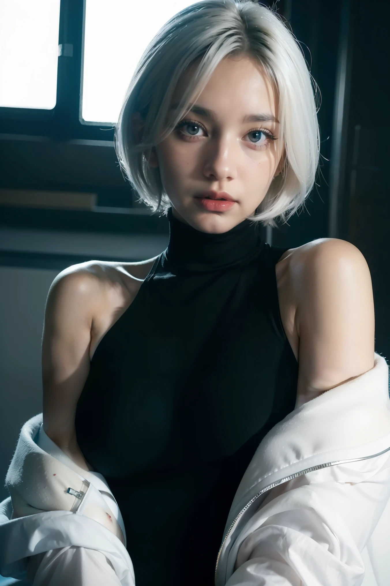 Cyberpunk Edgerunners, 1fille, Lucie (cyberpunk), Épaules nues, yeux bleus, seins, collant, regarder le spectateur, medium seins, veste à épaules dénudées, hors épaule, eye-liner rouge, Cheveux courts, sleeveless turtleneck collant, seulement, turtleneck collant, cheveux blancs, ((chef-d&#39;œuvre)) (Meilleure qualité, chef-d&#39;œuvre)