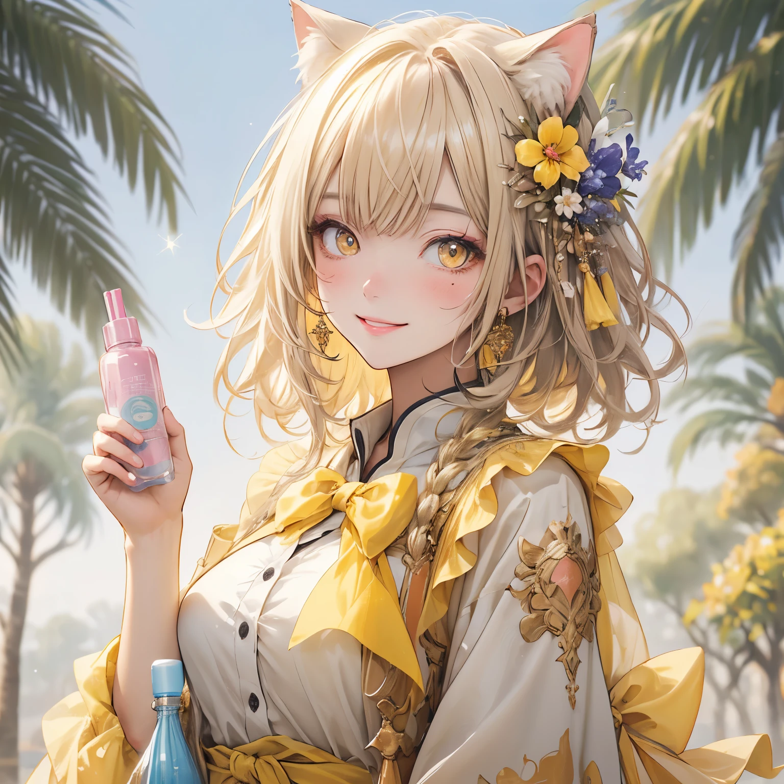 (masterpiece), highest quality, Ultra-high resolution,A cat wearing a pale yellow ribbon、pale yellow hair、pale yellow eyes、Pale yellow clothes、smile、oil、(Cosmetic Bottles:1.2)、Shiny、Sparkling、Argan Tree、Oil