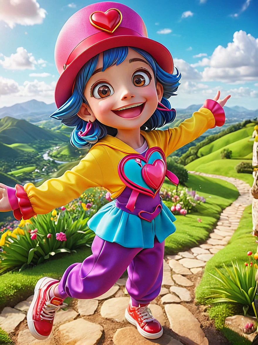 1girl，solo，Grinning，big eyes，sparkling，fit，Wearing chaotic and brightly colored clothing，Wearing a fancy hat with a heart symbol，Baggy pants，Vivid expression of excitement，Open your arms，(The background is a hovering otherworldly landscape)，full-body shot，Cartoon Style，Created with C4D and Blender，precise，Blind box toy style，Super Detail，Anatomically correct，masterpiece
