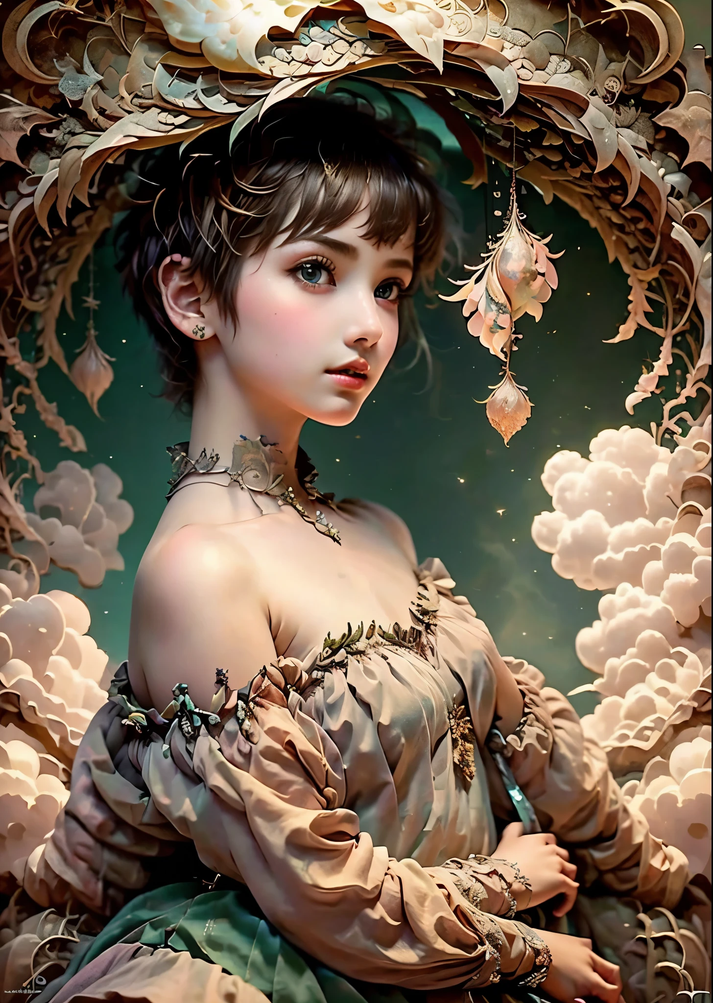 (masterpiece, highest quality, highest quality, Official Art, Short chestnut pixie cut hair、Beautiful Girl:1.2), (A girl in Arab costume), It looks like something out of Sinbad、Very detailed,(Fractal Art:1.3),colorful,Most detailed, Background with fractals and various floral and greenery details