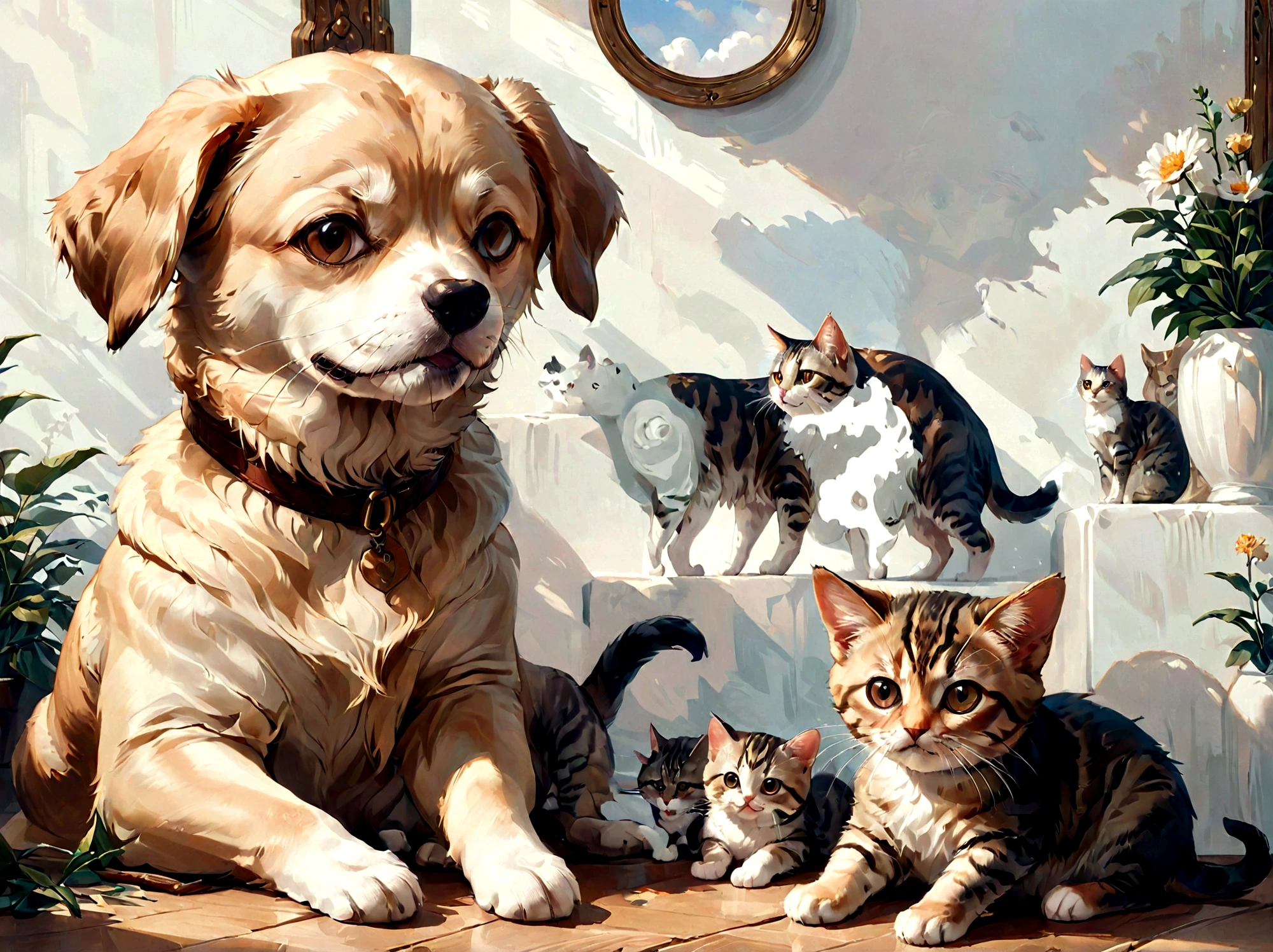 "A realistic painting of a dog and a cat in the exact same positions as in the provided photo. The dog is on the left, facing forward with a slightly tilted head, light brown fur, and a happy expression. The cat is on the right, laying down, with dark tabby fur and large eyes, also facing forward. The background should be a plain wall, just like in the photo. The overall composition and details should closely match the original photo."

