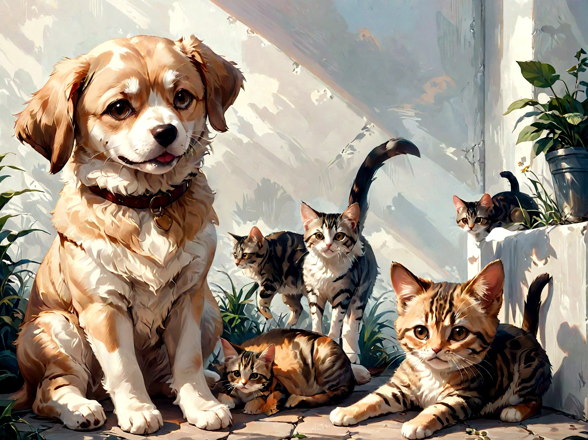 "A realistic painting of a dog and a cat in the exact same positions as in the provided photo. The dog is on the left, facing forward with a slightly tilted head, light brown fur, and a happy expression. The cat is on the right, laying down, with dark tabby fur and large eyes, also facing forward. The background should be a plain wall, just like in the photo. The overall composition and details should closely match the original photo."

