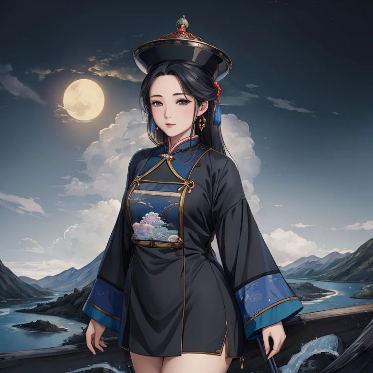 ((masterpiece)), ((best quality)), 8K, High Detail, Super detailed, Intricate details, illustration, fantasy, Surrealism, ((1 girl:1.2)), Solitary, Describe the Chinese-style river girl,  river&#39;Girl costumes,(((Full breasts)))(((Cleavage))),(Huge teardrop chest, Huge cleavage:1.2)Perfect body (The imperial gift paper on the head), dressed in traditional garments, (Night settings:1.2), (Ancient village ruins:1.1), (strange atmosphere), Miss Jiang&#39;s posture, (old charm:0.8), Detailed depiction of the river girl in the river pose, (Moonlit Night), (Mysterious mist), (traditional charm), (Delicateeyes:1.1), (Black Hair), (Pale skin), (red lips), balanced composition, lights under moonlight, Visual effects with eerie details, Maxon Theater 4D,,