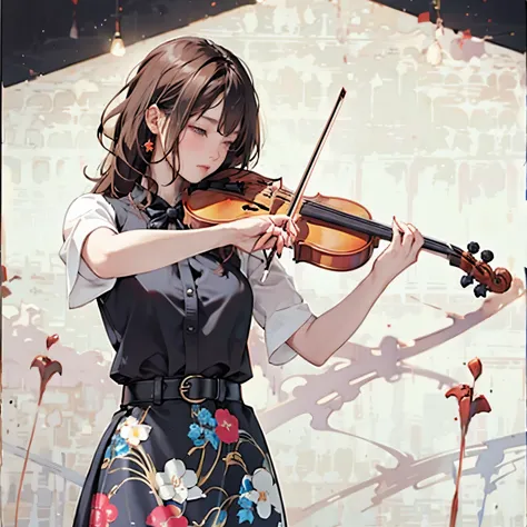 (masterpiece, best quality:1.2), 1girl, playing violin, solo, blank background, white background,