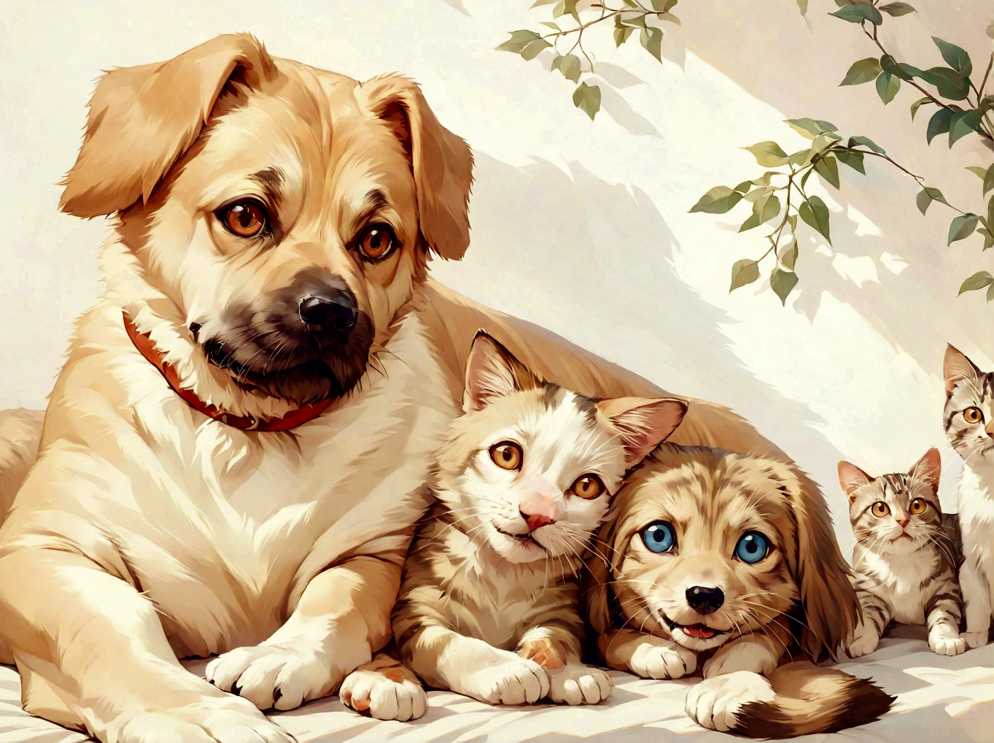 "ภาพวาดสุนัขและแมวเหมือนจริงในตำแหน่งเดียวกับภาพที่ให้ไว้. สุนัขอยู่ทางซ้าย, หันหน้าไปทางศีรษะเอียงเล็กน้อย, ขนสีน้ำตาลอ่อน, และการแสดงออกอย่างมีความสุข. แมวอยู่ทางขวา, นอนลง, มีขนแมวลายสีเข้มและดวงตากลมโต, ยังหันหน้าไปข้างหน้า. พื้นหลังควรเป็นผนังเรียบ, เช่นเดียวกับในภาพถ่าย. องค์ประกอบและรายละเอียดโดยรวมควรใกล้เคียงกับภาพถ่ายต้นฉบับ."

