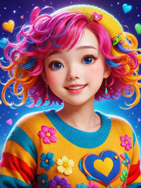 1girl, curls, Colorful sweater, solo, Colorful，Character Conception，cute，Bright colors，cute的艺术风格，cute的插图，cute的卡通，cute的人物，whole b...