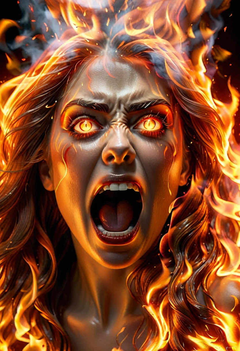 Sublime screaming woman dressed in flames down to her feet, cheveux très longs couleur de feu, elle marche vers moi, very detailed intense eyes, highly detailed hair, highly detailed flames, angry eyes ((best quality, extremely detailed:1.8, hyperRéaliste:1.5, photorealistic:1.5, Prise de vue en direct, photo corps entier, ventre visible, jambe visible ))