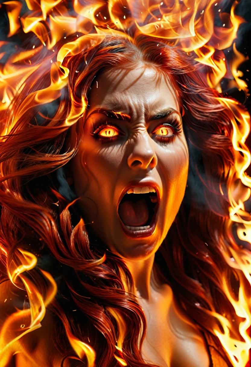 Sublime screaming woman dressed in flames down to her feet, cheveux très longs couleur de feu, elle marche vers moi, very detailed intense eyes, highly detailed hair, highly detailed flames, angry eyes ((best quality, extremely detailed:1.8, hyperRéaliste:1.5, photorealistic:1.5, Prise de vue en direct, photo corps entier, ventre visible, jambe visible ))