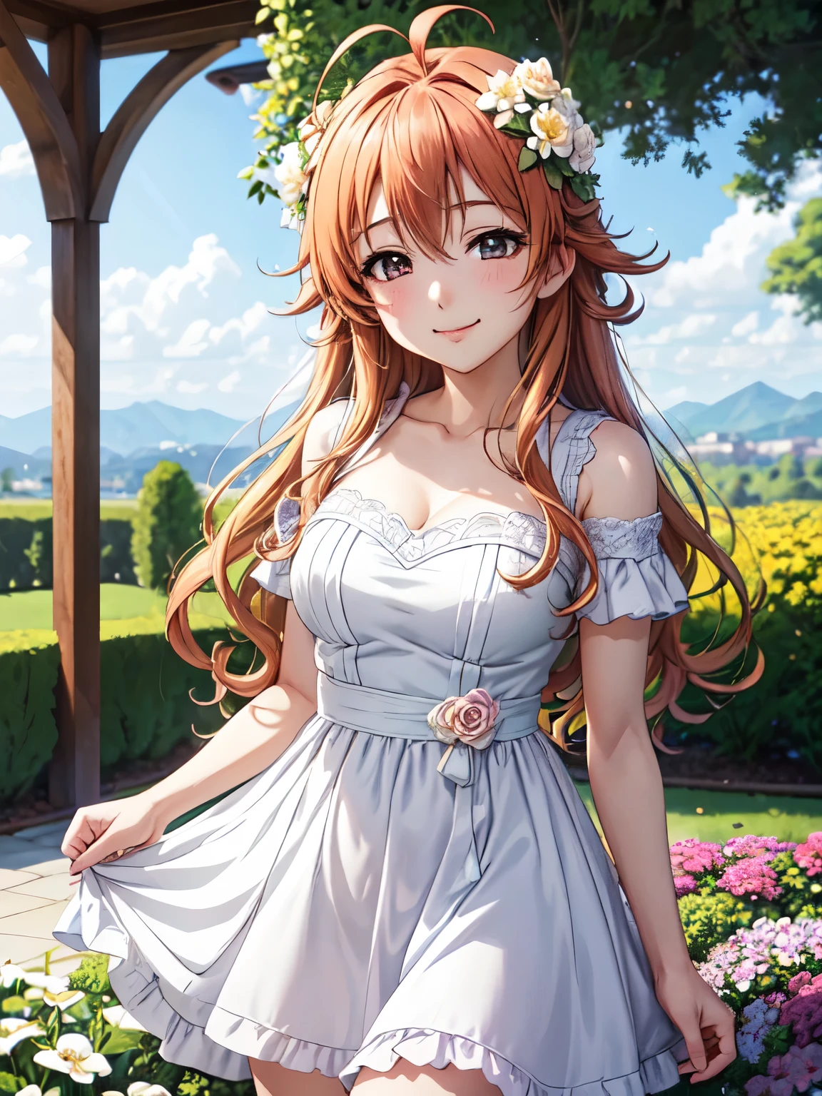 High resolution, highest quality, super high quality,3D Images,garden、Canada_Konoe,flower bed、Standing、One girl, (Anime illustration style:1.5）, Ahoge, Closed Mouth、smile、White  Dresses,Absolute reference to center、Beautiful thighs、Highly detailed face, Highly detailed CG、 Cowboy Shot