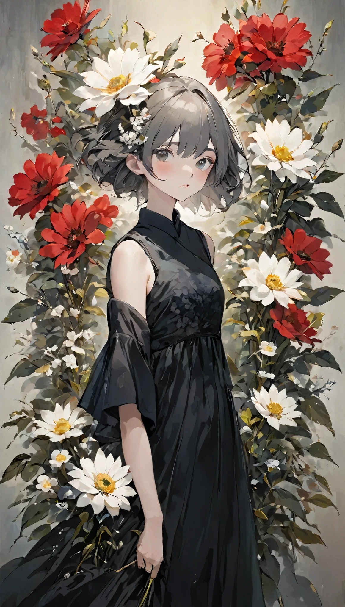 Mujer hermosa、arreglo floral、arte wabi sabi、Súper detallado_rostro_ojo、非常に詳細なrostro、vestido negro、blanco、gris、Red tones、pergamino、抽象的arreglo floral、Tres flores grandes、arte surrealista、silencio、fondo de pantalla、de la máxima calidad、obra maestra、Alta resolución、８ｋ