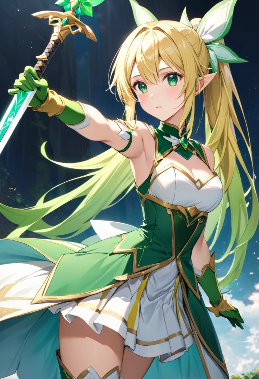 highest quality、unity 8k wallpaper、32k、masterpiece、Very detailed、Ultra-high resolution、Very detailedな顔、RAW Photos、Professional、Ultra-fine painting、Magical Fairy Swordsman Leafa、Blonde long hair、White Hair Ribbon、Green Eyes、Green magical girl costume、Blonde ponytail、White Hair Ribbon、Yellow ribbon with a large emerald brooch、White pleated skirt with green lines、Green and yellow long gloves、Green thigh-high stiletto heel boots with gold molding、