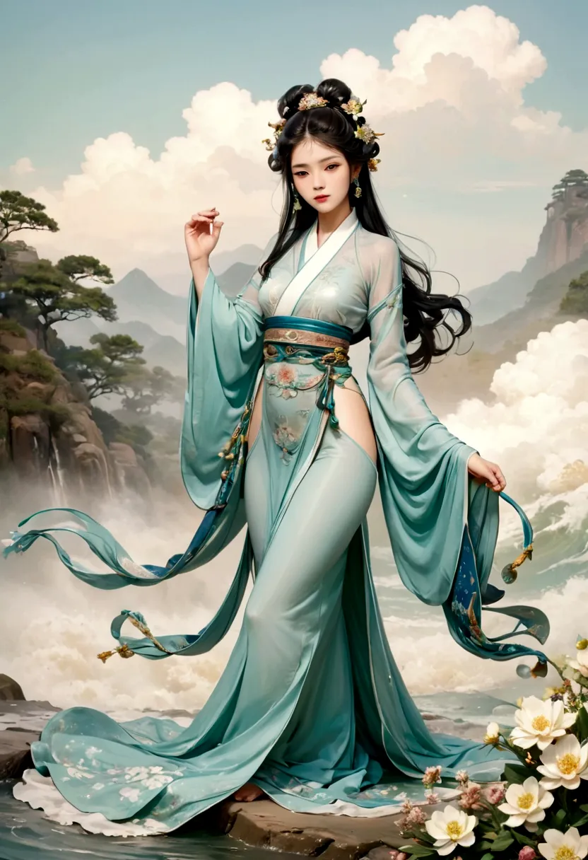 (full body photography)(((masterpiece))), best quality, illustration, beautiful details, the goddess of water dancing gracefully...