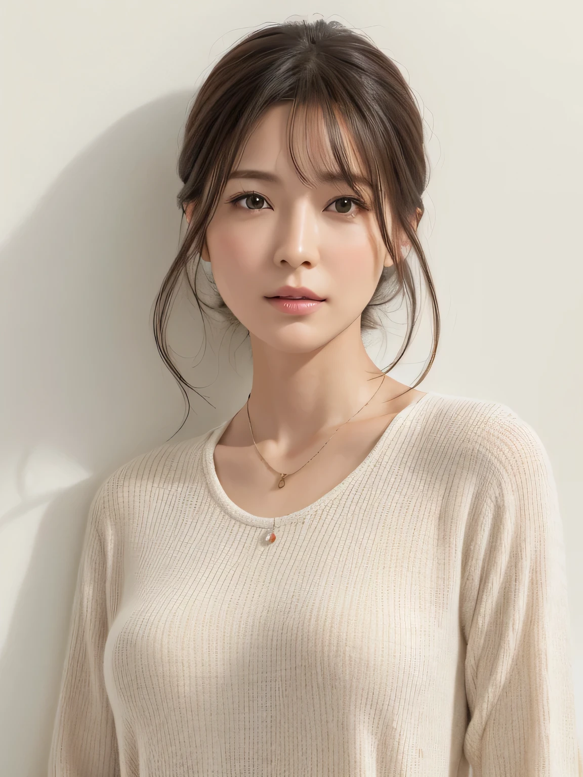 (Highly realistic photos, High resolution, Detailed face, Fine Eyes), ((Photographed in front of a white wall))、Japanese women, 40 years old, various expressions, alone:1, Slim figure, Various Hair Styles, Casual clothing, Only one person in the photo、Long sleeve dress、Photographed in natural light、Simple Necklace、Spring Clothes、Don&#39;Don&#39;t look at the camera、profile、Dark brown hair color、Bob Hair、Hands are down