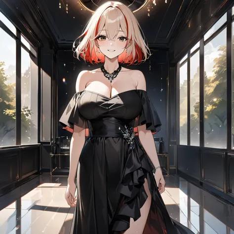 a woman wearing a low-cut black dress, off-shoulder, black heels, short blonde hair, red bangs, (multi-color hair) (kms_roon azu...