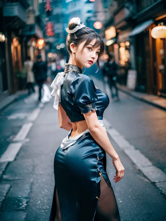 "(Exquisitely drawn CG Unity 8k wallpaper, Masterpiece quality with stunning realism), (Best lighting, Best Shadow), (highest quality), (Elegant and devilish style:1.2), Artistic modern anime. Diagonal view, A close-up full-body portrait of a stunningly beautiful mature Chun-Li from Street Fighter。 ((Dark brown hair:1)), ((White lace-up boots:.5)), Dynamic pose, (Blue Chinese Dress:1.5), Amazing body, in china at night with neon lights, Shy and shy、Frivolous、Sexy、Cute expression, The body is slim, Very decorative and detailed, Brown see-through pantyhose, Depth of field blur effect, night, Full Zoom, Action Portrait, Realistic. Cinema Lighting, Very detailed. highest quality, 4K, Better Hands, Perfect Anatomy, Shortening effect, Shy and shyセクシーな表情, Makes legs look shorter, (Sharp Eye:0.8), Surrounded by an ominous and dark atmosphere, Dramatic and striking lighting accents, Surreal fantasy feel". (Wearing white laced military boots:1), (night:1), (Side view:.5), (Lifted my butt:1), (metal spike bracelet:1), (Leaning forward:1), (White ribbon flowing from hair bun:1.5) (Front view:1)