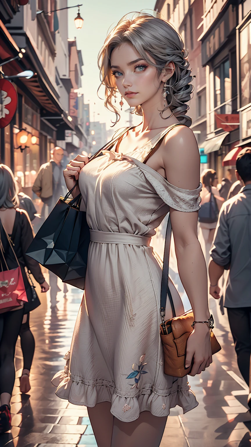 24-летняя женщина европеоидной расы.、голубые глаза、серебро волос、длинные волосы、Вертикальный рулон с одной стороны((боковое сверло))、Носите цельное платье с бретелями.、Носите мюли、Большая сумка на плече、Французский хлеб достается из сумки、Шоппинг в центре города