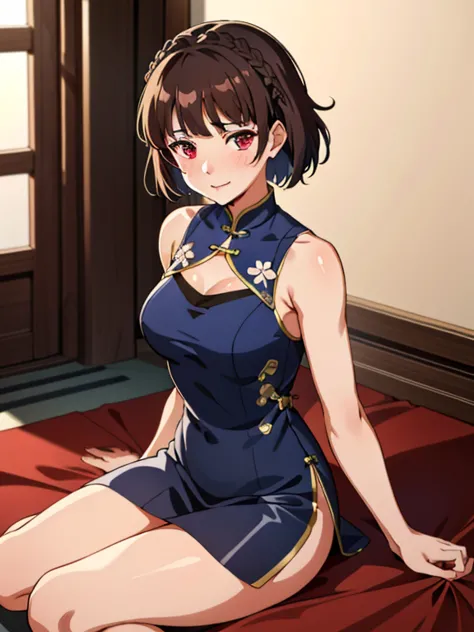 1個穿著藍色Tight cheongsam的女孩, shiny effect on clothes, Makoto_Ni Dao wearing blue cheongsam, Makoto_Niijima Ryo, Tight cheongsam, Fl...