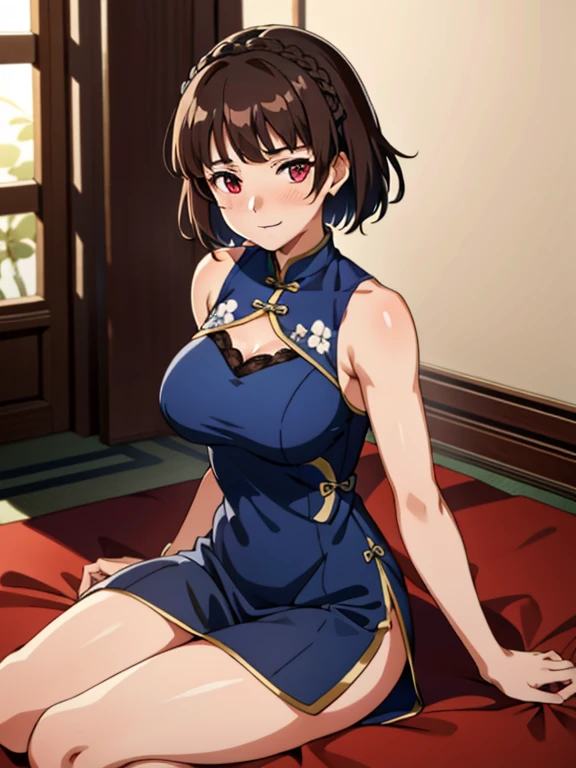 1個穿著藍色Tight cheongsam的女孩, shiny effect on clothes, Makoto_Ni Dao wearing blue cheongsam, Makoto_Niijima Ryo, Tight cheongsam, Flowers on clothes, (((Huge Breasts,)))Expose((Cleavage))
, dress without sleeve, Red Eyes, beautiful eyes, brown hair, Medium Length Hair, Bangs, crown braid, Medium Length Hair, blush, gentle smile, soft light, shiny fabric, Tights, Smooth fabric, sit, beautiful, 8K, Very high resolution