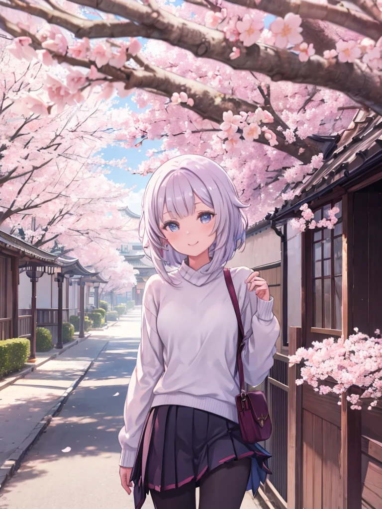 One girl, Boat \(Genshin Impact\), alone, , White shirt, sweater, Pleated skirt, pantyhose, A light smile, View Viewer, Outdoor, street, cherry blossoms, petal, Depth of written boundary, masterpiece