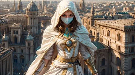 a full-body shot of princess zelda, brown hair, blue eyes, dressed as an assassin from assassins creed, in white+gold witha whit...