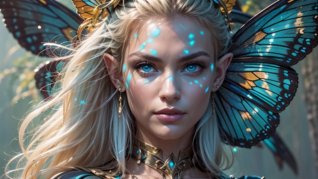 Beautiful faerie woman, elf ear, flying, massive monarch butterfly wings between shoulder blades, glowing blue eyes, detailed proportional hands, proportional body, firm breast, frank Frazzetta painting style, (Best Quality:1.4), (Ultra-detailed), (extremely detailed CG unified 8k wallpaper), Highly detailed, RAW Photos, Professional Photography, plein air, Illumination, (Super fancy photos:1.4), (Dazzling light), Radiant Photography, depth of fields