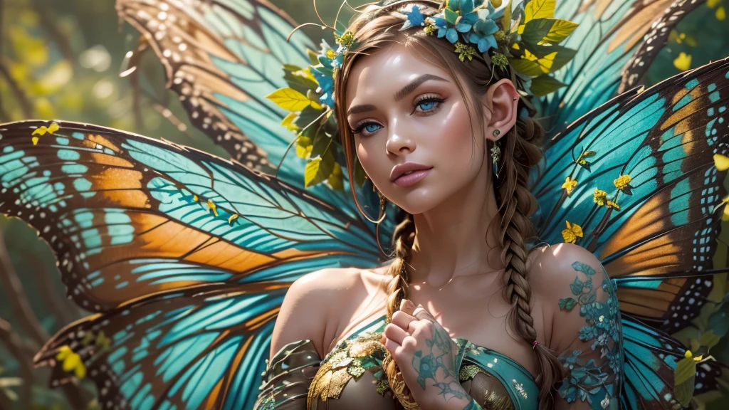 Beautiful faerie woman, elf ear, flying, massive monarch butterfly wings between shoulder blades, glowing blue eyes, detailed proportional hands, proportional body, firm breast, frank Frazzetta painting style, (Best Quality:1.4), (Ultra-detailed), (extremely detailed CG unified 8k wallpaper), Highly detailed, RAW Photos, Professional Photography, plein air, Illumination, (Super fancy photos:1.4), (Dazzling light), Radiant Photography, depth of fields