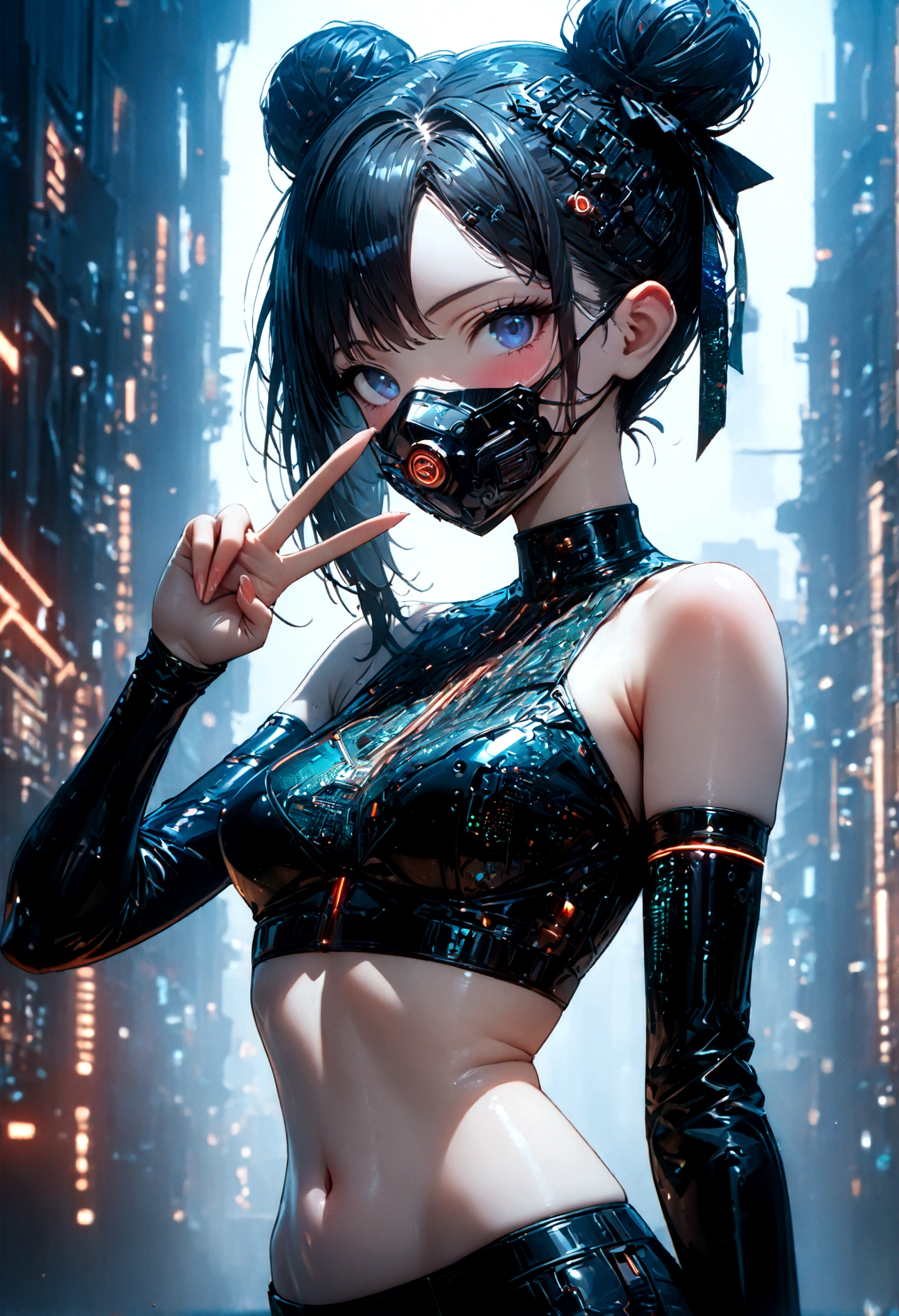 beautiful Cybernetics girl, heart hair bun, Hair accessories, (Delicate skin), Pale skin, black crop top made of circuit boards, Futuristic pants, on branch, v, (Metal Surgical Mesh Mask) Cover your face, ((Mouth covered)), cyberpunk background,Sensual, is attractive, Japanese words with glitter effect, (masterpiece:1.3), (best quality:1.3), (ultra detailed:1.3), 8k, extremely clear