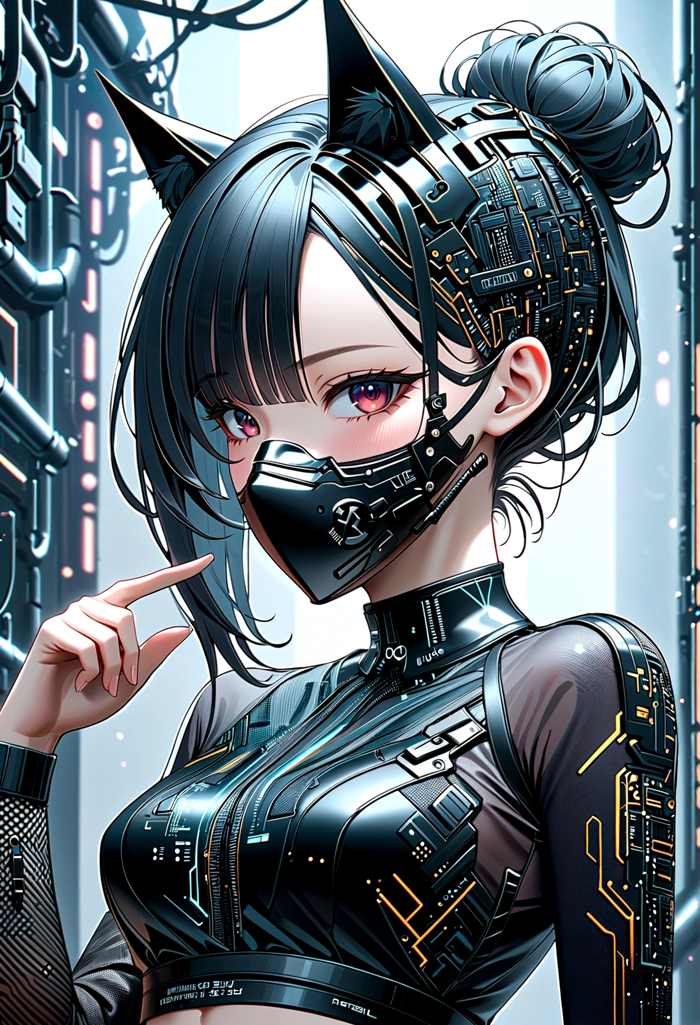 beautiful Cybernetics girl, heart hair bun, Hair accessories, (Delicate skin), Pale skin, black crop top made of circuit boards, Futuristic pants, on branch, v, (Metal Surgical Mesh Mask) Cover your face, ((Mouth covered)), cyberpunk background,Sensual, is attractive, Japanese words with glitter effect, (masterpiece:1.3), (best quality:1.3), (ultra detailed:1.3), 8k, extremely clear