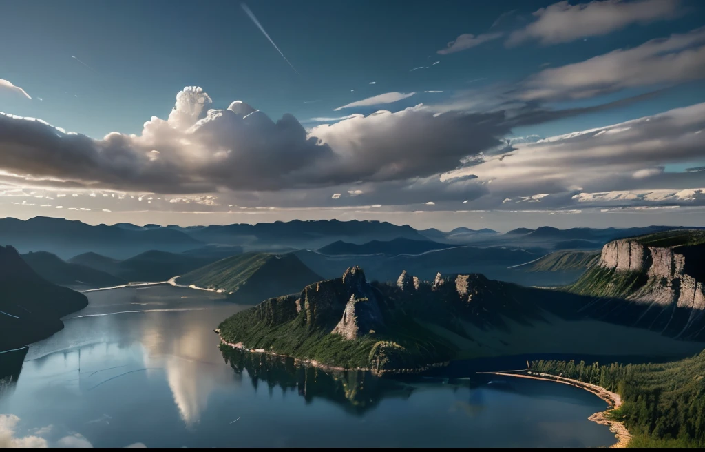 obra maestra, Máxima calidad, Fondo de pantalla de unidad CG 8k, súper delicado, hermoso cielo y nubes, Ricos paisajes naturales, el vasto Lago Azul rodeado de montañas y colinas, no hay rastro de gente, No hay edificios, excelente paisaje, ya ha ganado un concurso de fotografía, fondo borroso, profundidad de campo completa, HDR de alta dinámica, verdadera restauración, Intrincado, detalles extremos, presentación dramática, Presentando perfectamente el estilo del arte de mitad de viaje..