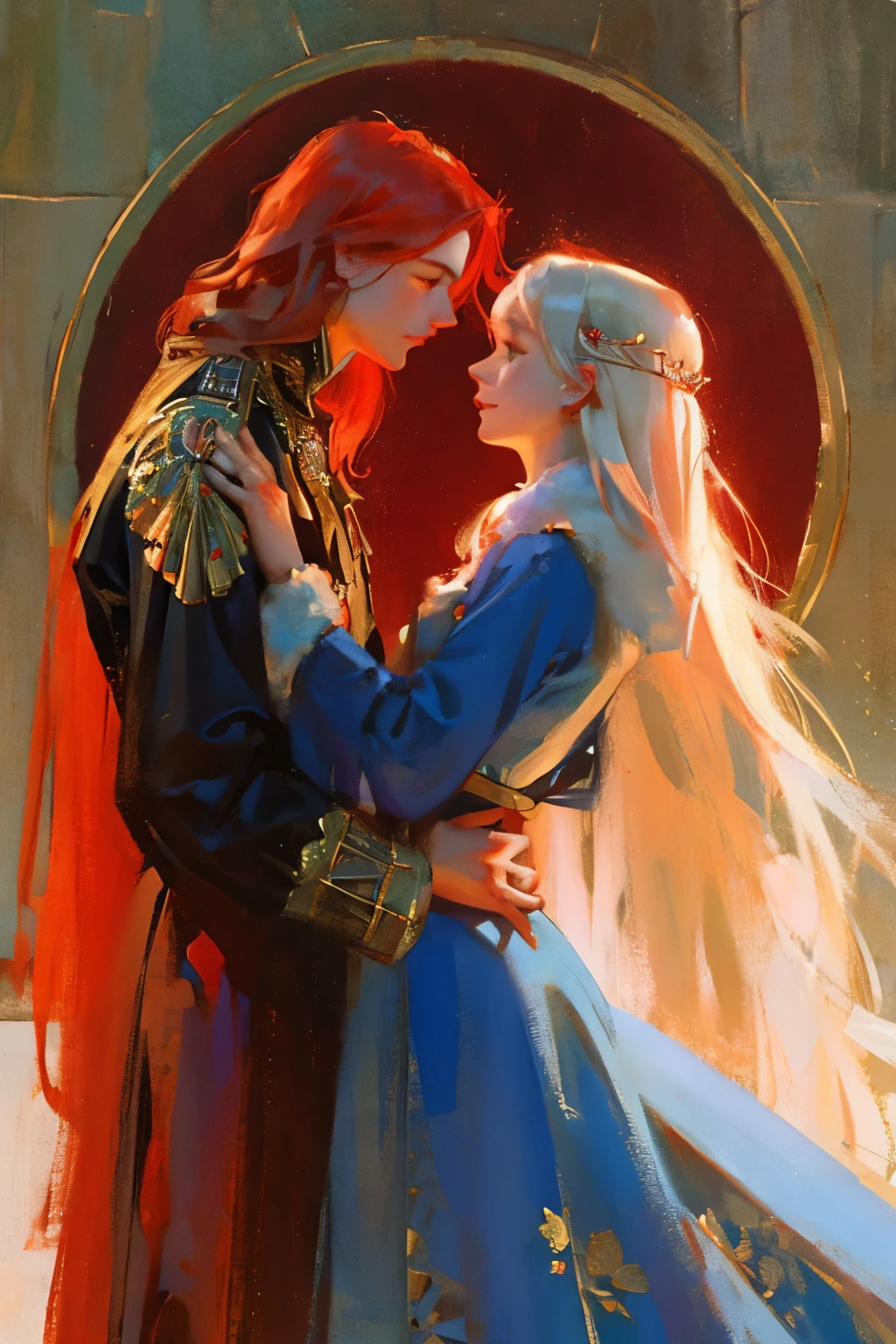 The Middle Ages, the Polish-Lithuanian Commonwealth, red blue flowers, the 16th century, a man and a woman next to each other. The man is attractive, has long red scarlet hair, looks like Tom Cruise, in a caftan with fur trim. A beautiful woman with long white hair, a face similar to Daenerys in the princely attire of the queen, a castle in the background, hd