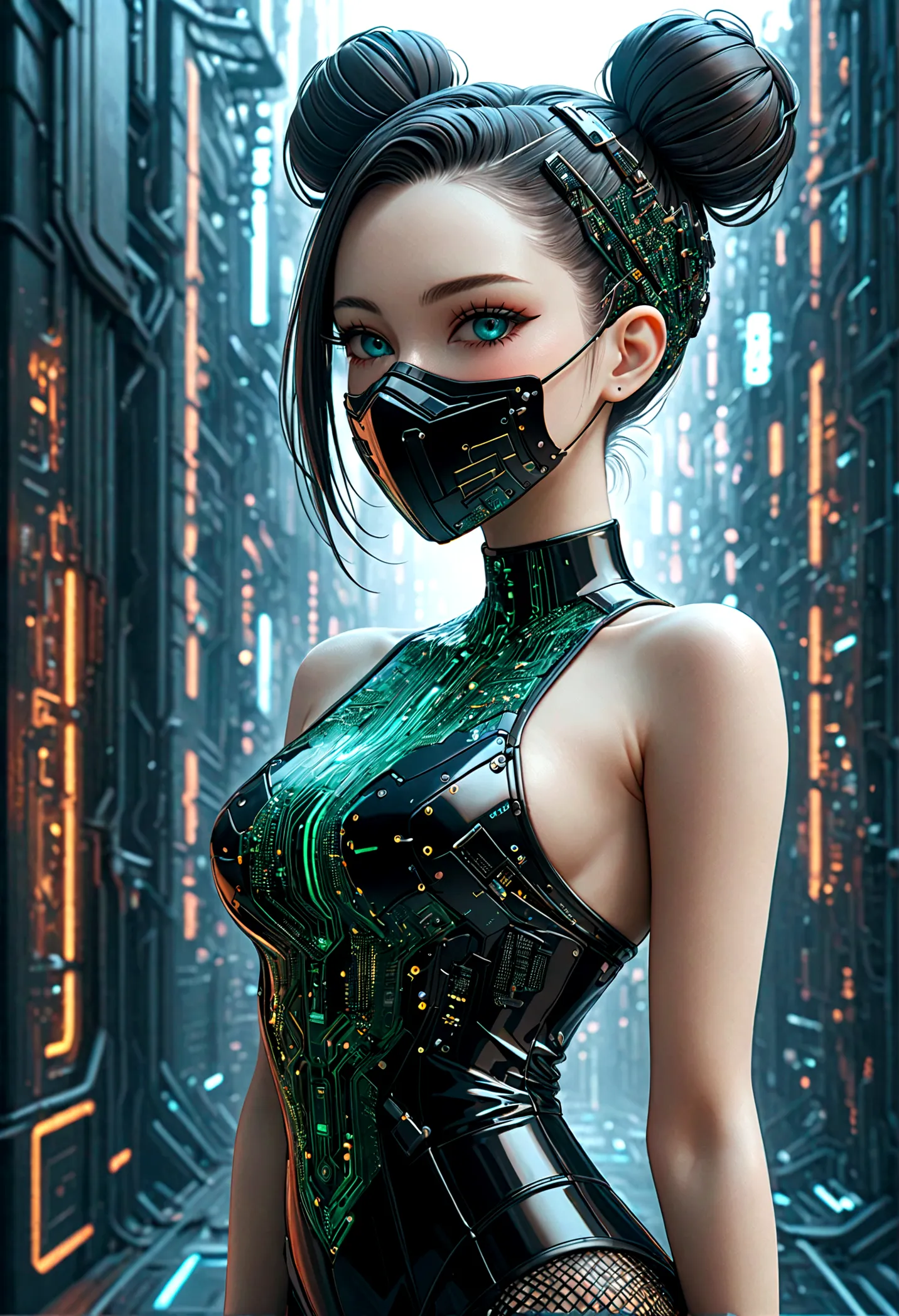 beautiful Cybernetics girl, heart hair bun, Hair accessories, (Delicate skin), Pale skin, black crop top made of circuit boards,...