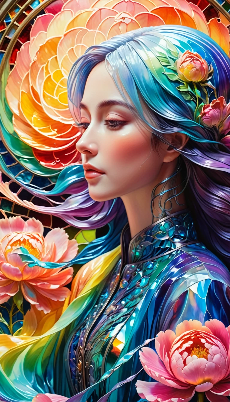 Intricate and elaborate artwork of magical flowing liquid of gorgeous Hijabi woman, rainbow gradients, iridescent peonies,stained glass, by Erin Hanson, Marian Bantjes, Arthur Rackham, James Jean, triadic color, intricate and fluid swirling, 3d liquid detail，solo