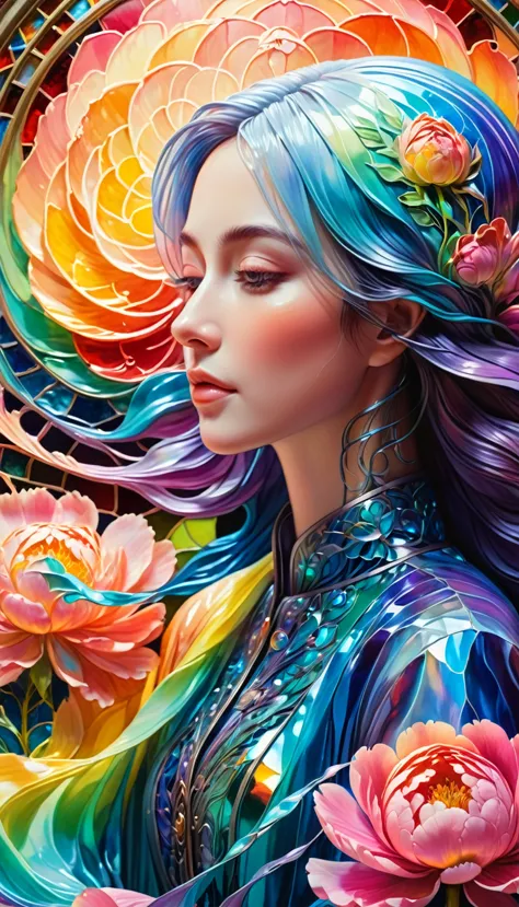 Intricate and elaborate artwork of magical flowing liquid of gorgeous Hijabi woman, rainbow gradients, iridescent peonies,staine...