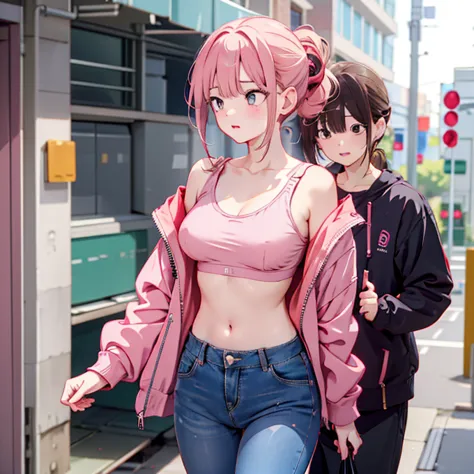 Wearing a light pink bra、A slender woman wearing a dark pink jacket over her。Her pants are denim。Her hairstyle is a ponytail。Her...