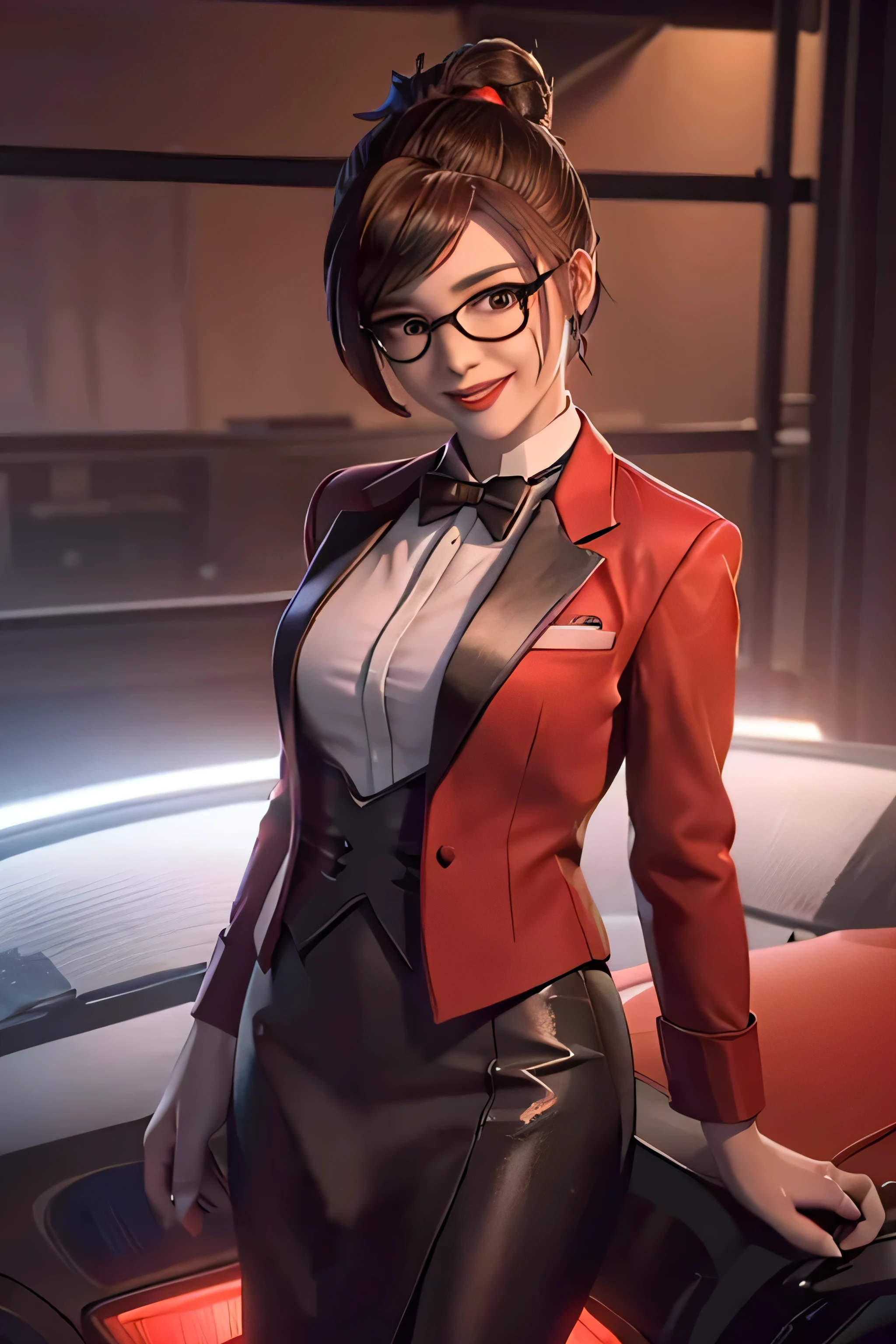 realistic, realism, photorealism, photo-realistic, high contrast, (photorealistic:1.4), 8k high definition detailed realistic,  (best quality, masterpiece:1.2),  photon mapping, radiosity, physically-based rendering, best quality, highly detailed, 1girl, owmei, skirt suit, (((red tuxedo))), (((three-piece tuxedo))), dress shirt, (((black bowtie))), ((red blazer)), ((dinner jacket)), (((bodycon pencil skirt))), formal, (((red lipstick))), (((smile))), (((laughing))), (((smug))), (((flirting))), (((hair up))), (((hair bun))), glasses, professional, (((high collar))), (((tailored bespoke suit))), (((hair pin))), bedroom eyes, smirk, confident, cufflinks, (((shiny lapel))), (((mascara))), (((dark eyeshadow))), 